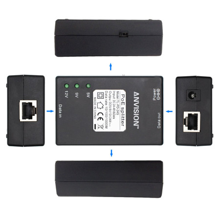 ANVISION Adaptateur Active Gigabit PoE Splitter avec Conseils Multi-Taille, 10/100 / 1000Mbps Compatible IEEE 802.3af, DC 5V 9V 