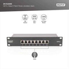 DIGITUS Panneau de Brassage Cat. 6 – 8 Ports – Prises RJ45 – Montage en Rack 10 Pouces 1U – Panneau de Distribution LSA – blindé