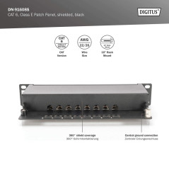 DIGITUS Panneau de Brassage Cat. 6 – 8 Ports – Prises RJ45 – Montage en Rack 10 Pouces 1U – Panneau de Distribution LSA – blindé