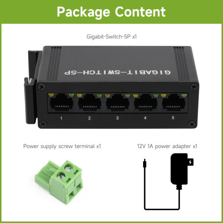 Waveshare Industrial Grade 5P Gigabit Ethernet Switch, IEEE 802.3X-Compliant Full-Duplex 10/100/1000M Connection, DIN Rail Mount