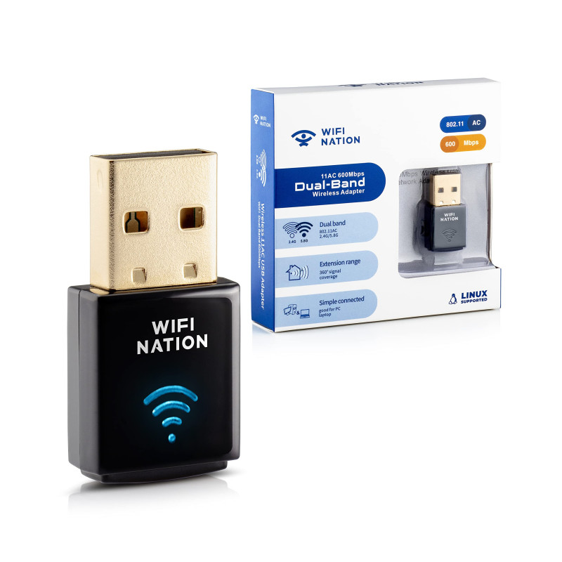 Adaptateur USB WiFi Nation® Mini 802.11ac AC600, chipset : Realtek RTL8811AU, Double Bande 2,4 GHz ou 5 GHz, Compatible Windows, Adaptateur USB WiFi Nation® Mini 802.11ac AC600, chipset : Realtek RTL8811AU, Double Bande 2,4 GHz ou 5 GHz, Compatible Windows,