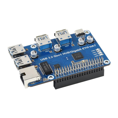 USB 3.2 Gen1 and Gigabit Ethernet HUB Hat for Raspberry Pi Series Board, 3X USB 3.2 Gen1, 1x Gigabit Ethernet,Plug & Play,Driver
