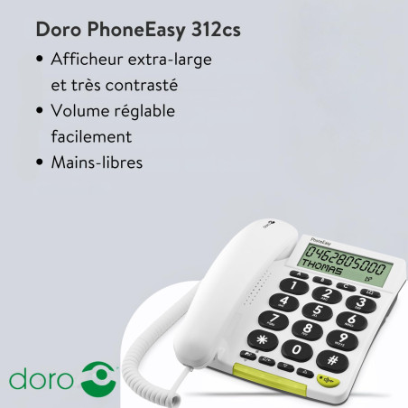 Doro PhoneEasy 312cs téléphone Filaire simplifié Larges Touches contrastées, Fonction Mains-Libres et mémoires directes (Blanc)