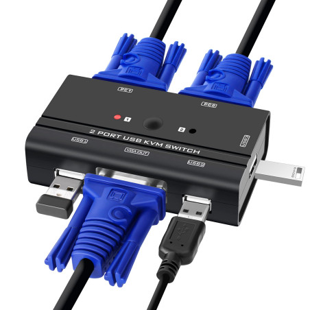 TCNEWCL Commutateur VGA KVM Switch, Commutateur KVM VGA et USB 2 port, brancher 2 pc sur 1 écran, 1080P, 3 interface USB 2.0 pou