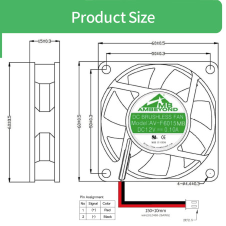 60 mm x 15 mm 6015 12V DC à roulement à billes ventilateur de refroidissement sans balais 2 broches