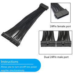 GELRHONR Double Alimentation PC 24 broches ATX câble adaptateur de carte mère, 24 broches (20 + 4) pour ATX câble d'extension de