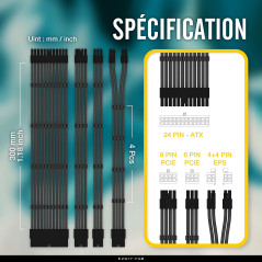 EZDIY-Fab Sleeved Cable - Rallonge de câble pour l'alimentation avec Manchon Extra-Large 24 Broches 8 Broches 6 pin 4+4 Broches 