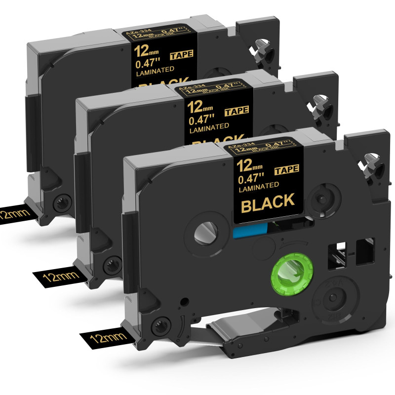 MarkField 3x TZ-334 12mm Ruban laminés Compatible avec Brother P-Touch TZe-334 12mm x 8m 0,47 étiquettes Or sur Noir Pour PT-H10
