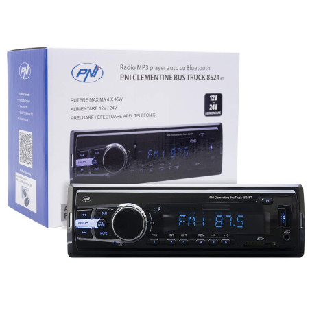 Radio MP3 Player Car PNI Clementine Bus Truck 8524BT 4x45w , RDS, 12V / 24V 1 DIN cu SD, USB, AUX, RCA SI Bluetooth 24 Volt