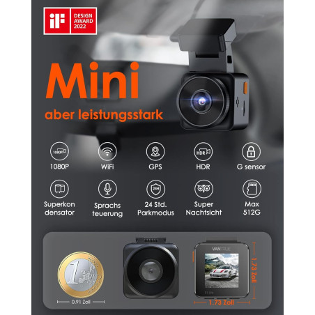 VANTRUE E1 Lite 1080P Mini WiFi GPS Dashcam Avant Voiture avec HDR, Contrôle APP & Commande Vocale en Anglais, Surveillance du S