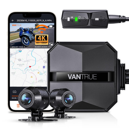 VANTRUE F1 4K+1080P Caméra de Moto étanche IP67，5GHz WiFi GPS Dashcam Moto Avant et Arrière, Alertes Vocales, 24H Détection de C