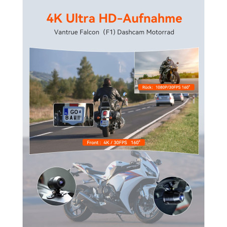 VANTRUE F1 4K+1080P Caméra de Moto étanche IP67，5GHz WiFi GPS Dashcam Moto Avant et Arrière, Alertes Vocales, 24H Détection de C