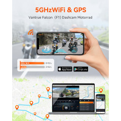 VANTRUE F1 4K+1080P Caméra de Moto étanche IP67，5GHz WiFi GPS Dashcam Moto Avant et Arrière, Alertes Vocales, 24H Détection de C