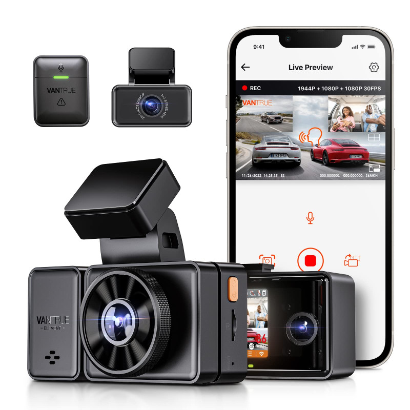 VANTRUE E3 3 Canaux 2.7K+1080P+1080P Dashcam Voiture, 5GHz WiFi GPS Camera Embarquée Avant et Arrière, Contrôle sans Fil & Vocal