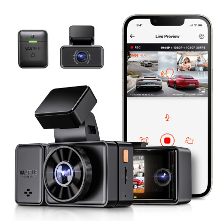 VANTRUE E3 3 Canaux 2.7K+1080P+1080P Dashcam Voiture, 5GHz WiFi GPS Camera Embarquée Avant et Arrière, Contrôle sans Fil & Vocal