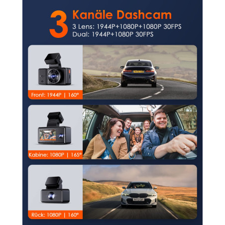 VANTRUE E3 3 Canaux 2.7K+1080P+1080P Dashcam Voiture, 5GHz WiFi GPS Camera Embarquée Avant et Arrière, Contrôle sans Fil & Vocal