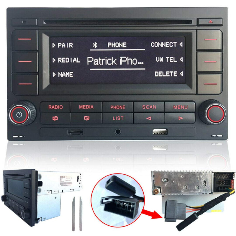 Autoradio Audio Stéréo RCN210 pour VW Golf MK4 Polo Passat B5 USB MP3 AUX Bluetooth avec Lecteur CD + Adaptateur avec simulateur Autoradio Audio Stéréo RCN210 pour VW Golf MK4 Polo Passat B5 USB MP3 AUX Bluetooth avec Lecteur CD + Adaptateur avec simulateur