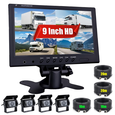 Véhicule Caméra de recul - Camecho 22,9 cm/9 Pouces Moniteur 4 Split Front View, Camera recul Camion 18 IR étanche Vision de Nui