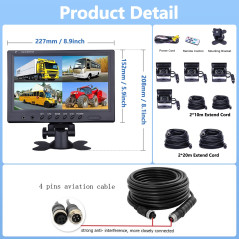 Véhicule Caméra de recul - Camecho 22,9 cm/9 Pouces Moniteur 4 Split Front View, Camera recul Camion 18 IR étanche Vision de Nui