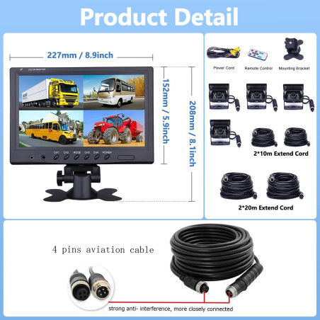 Véhicule Caméra de recul - Camecho 22,9 cm/9 Pouces Moniteur 4 Split Front View, Camera recul Camion 18 IR étanche Vision de Nui
