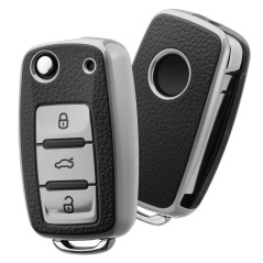 Coque de clé de Voiture VW VW Golf Keybox,Coque de clé pour VW Polo Passat Skoda Seat 3 Boutons (Cuir Argenté)