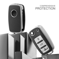Coque de clé de Voiture VW VW Golf Keybox,Coque de clé pour VW Polo Passat Skoda Seat 3 Boutons (Cuir Argenté)