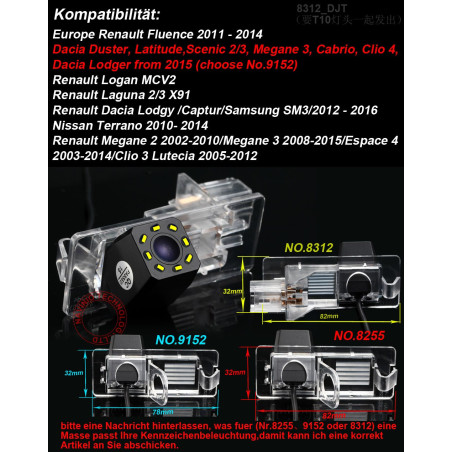 Dynavsal 8 LEDs Vision Nocturne HD Couleur Caméra de Recul 170 ° Grand Angle Caméra de recul Remplacement pour Dacia Lodgy/Renau