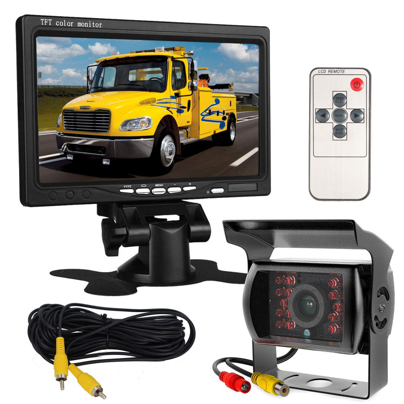 Moniteur HD avec écran 7’’ LCD TFT 12 V-24 V pour auto + caméra de recul pour bus camion remorque à 18 DEL IR étanches pour visi Moniteur HD avec écran 7’’ LCD TFT 12 V-24 V pour auto + caméra de recul pour bus camion remorque à 18 DEL IR étanches pour visi