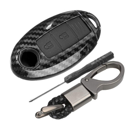 Happyit Coque en Fibre de Carbone ABS + Silicone Clé de Voiture Couverture Cas Porte-clés pour Nissan 3 Boutons (Noir)
