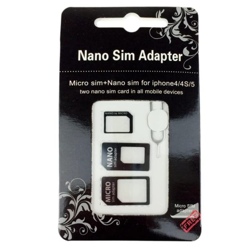 Adaptateur Nano SIM 4 en 1 (Nano SIM to Micro SIM Card+ Micro SIM to Standard Card + Nano SIM to Standard Card) + Clip pour Reti Adaptateur Nano SIM 4 en 1 (Nano SIM to Micro SIM Card+ Micro SIM to Standard Card + Nano SIM to Standard Card) + Clip pour Reti