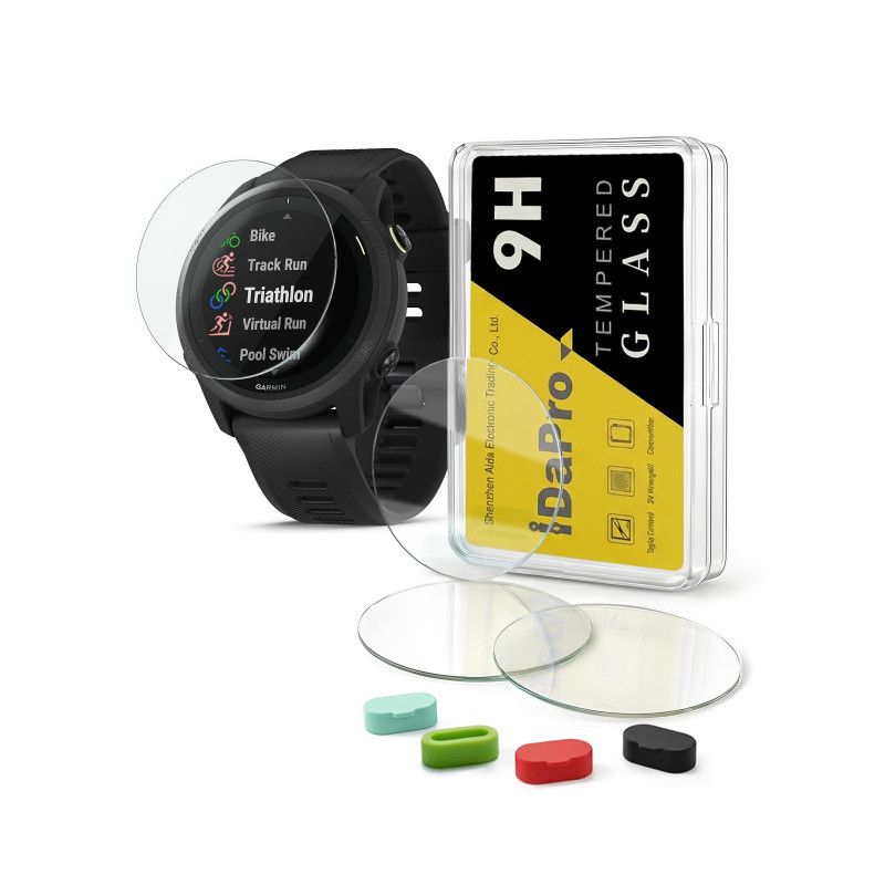 iDaPro [4Pcs Protection d'Ecran pour Garmin Forerunner 745 Running/Triathlon+[4Pcs] Bouchons anti-poussière silicone,Verre Tremp