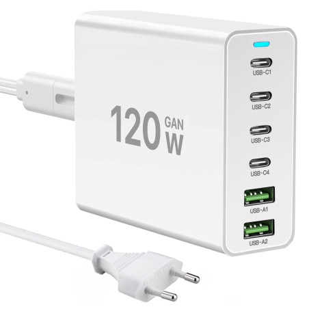 Chargeur USB C 120W GaN,Multiple Chargeur USB【4USBC + 2USBA】 Charge PD, 6 Ports USB c Station de Charge Compatible avec iPhone/S