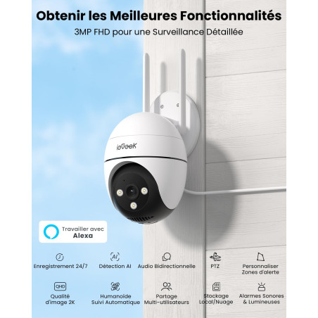 ieGeek 2K Camera Surveillance WiFi Exterieure 5Ghz /2.4G - 360° PTZ Camera Exterieur WiFi, Suivi de Mouvement, AI Détection, Aud