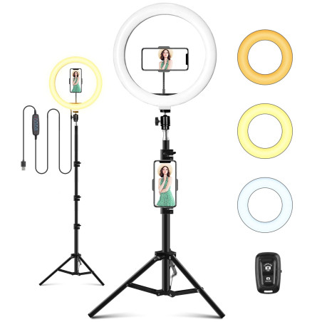LED Selfie Ring Light avec Trépied, Anneau Lumineux 10", avec Télécommande Wireless pour Maquillage, Youtube, TikTok, Alimenté p