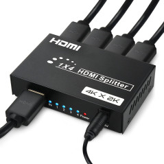 Répartiteur HDMI 1 entrée 4 Sorties, 1x4 Splitter HDMI 4K Distributeur Audio Vidéo avec Adaptateur Secteur, Supporte 3D, HDCP, C