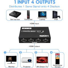Répartiteur HDMI 1 entrée 4 Sorties, 1x4 Splitter HDMI 4K Distributeur Audio Vidéo avec Adaptateur Secteur, Supporte 3D, HDCP, C
