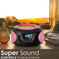 Boombox - Lecteur CD portable - CD/CD-R - USB - Radio FM enfants - Entrée AUX-IN - Prise casque - Chaîne stéréo - Système compac