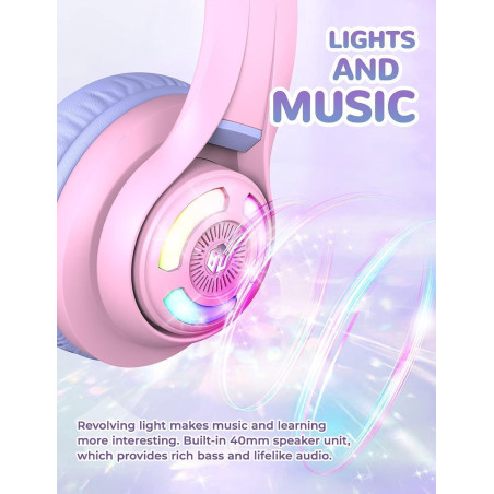 iClever Casque Audio Enfant Bluetooth, Casque sans Fil pour Enfant Oreille de Chat Contrôle du Volume Réglable 74/85dBA avec Mic