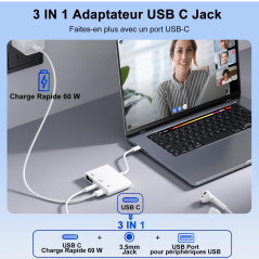 【3 en 1】 Adaptateur USB C Jack 3,5 mm avec 60W Charge Rapide Adaptateur De OTG, Audio Ecouteur Splitter De Type C vers Aux pour