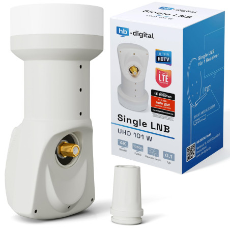HB-DIGITAL Universal Single LNB Blanc - UHD 4K Full HD DVB-S/S2 - Facteur de bruit de 0,1 dB - pour un récepteur satellite (conn