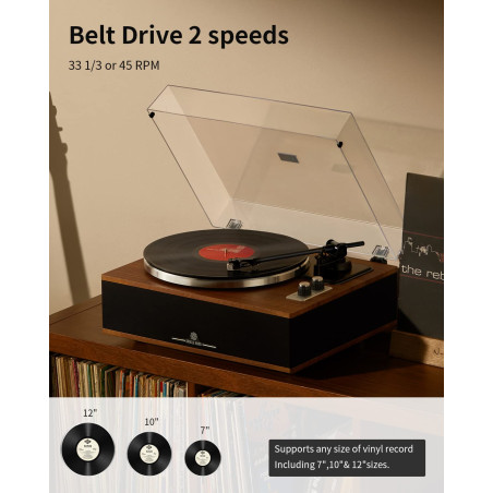 ANGELS HORN Platine Vinyle Tourne Disque Vinyle Bluetooth HiFi avec Haut-parleurs Préamplificateur Phono intégré 33/45 TR/Min et