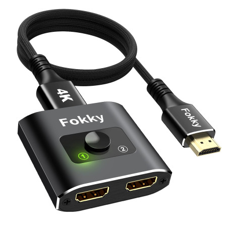Fokky Switch HDMI 4K 60Hz Splitter, Bidirectionnel Commutateur Hdmi avec 【1M(3.3ft) HDMI 2.0 Câble】 1 Entrée 2 Sorties (Noir, av