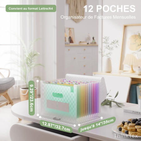 ThinkTex Trieur A4, 12 Compartiments Trieur Document, Rangement Papier Administratif, Range Document avec Intercalaire, Support