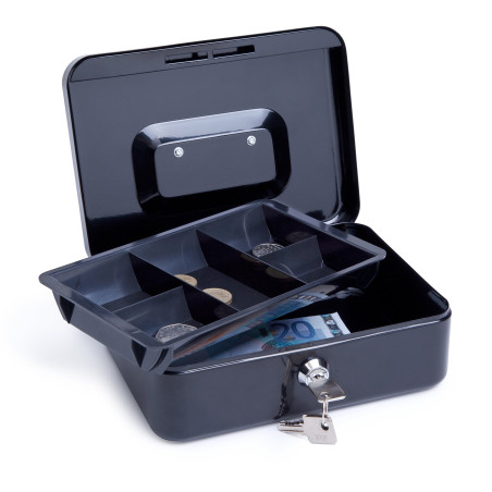 Rapesco SB0008B1 Caisse à Monnaie en Métal avec Serrure, 3 Clés et Plateau Amovible, Taille 20 cm, Noir
