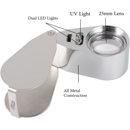 Delixike Loupe de bijoutier Pliable en métal 40 x avec LED (détection de Devise/Identification de Bijoux)