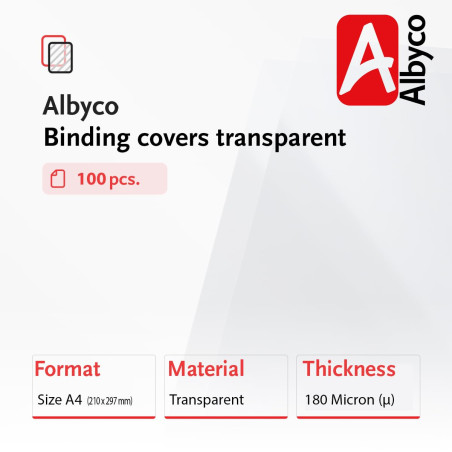 Albyco Couvertures Transparents brillants, épaisseur 0,18 mm/180 micron, format A4, 210x297mm, Couverture en PVC, Couverture de