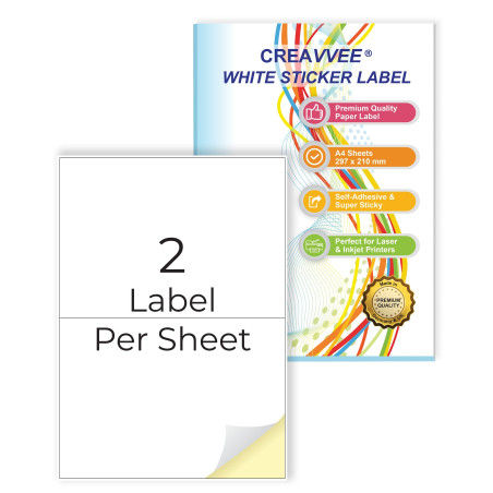 Creavvee 2 étiquettes par feuille 25 feuilles A4 imprimables papier autocollant blanc pour imprimantes laser/jet d'encre fabriqu