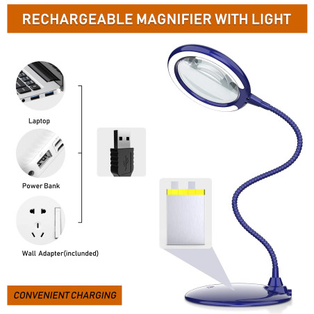 Delixike Lampe loupe Rechargeable à intensité Variable 5X - Mains Libres avec lumière et Support 28 LED pour Personnes âgées, Fa