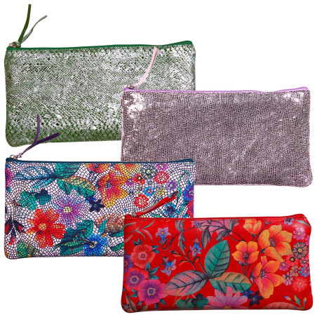 Clairefontaine 410102C - Trousse Scolaire Plate Miroir Rose motif Serpent 22x11 cm en Véritable Cuir d'Agneau - Fourniture Scola