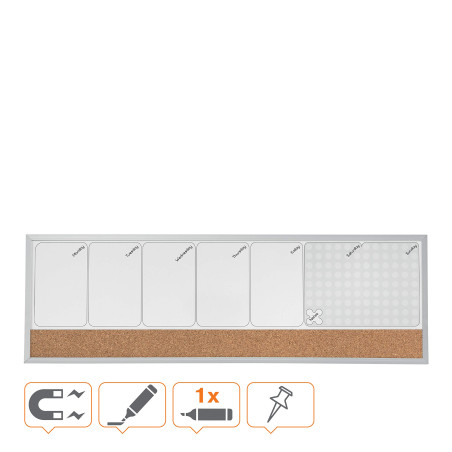 Nobo - Petit Tableau Agenda Semainier Magnétique Mural avec Bande d'Affichage en Liège, Cadre en Aluminium, Effaçable à Sec, Por